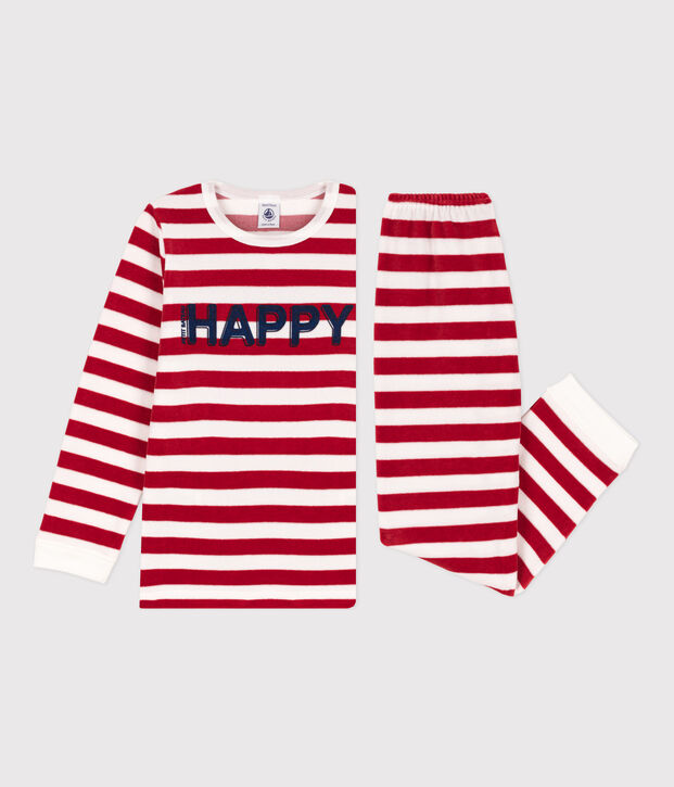 Pyjama  ray&eacute; en velours enfant rouge/blanc