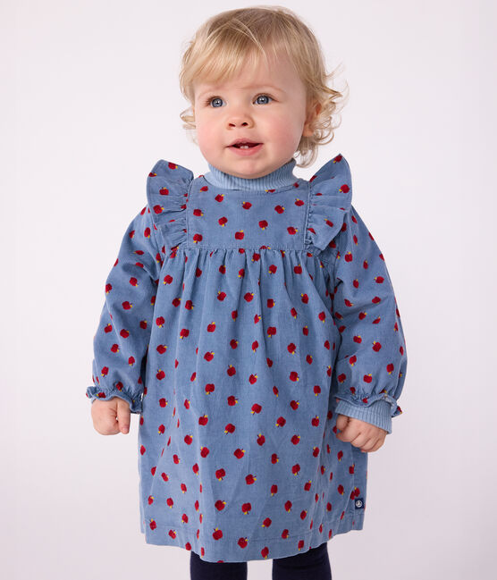 Robe bébé en velours côtelé manches longues imprimée pommes bleu ADRIATIC/ MULTICO