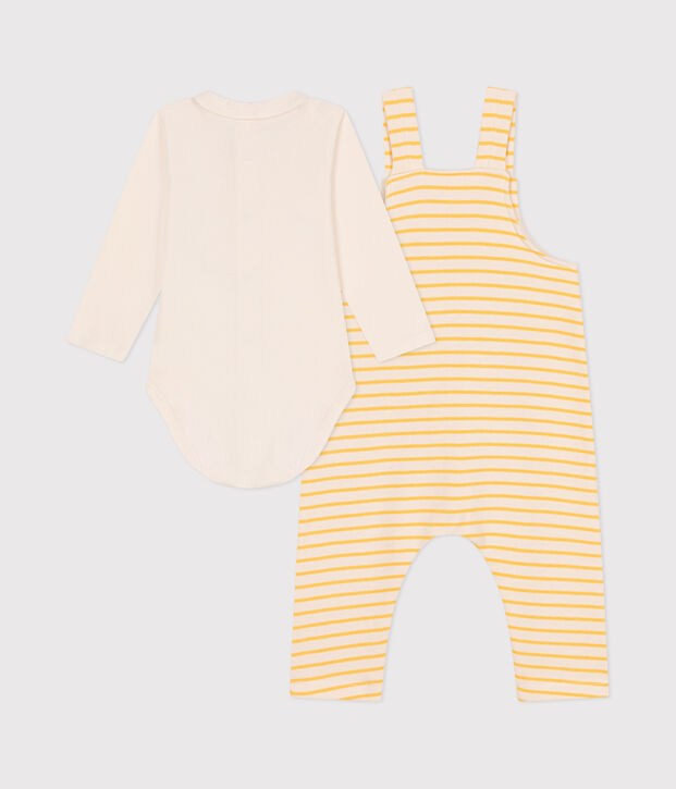 Coffret ensemble salopette et body en coton b&eacute;b&eacute; &eacute;cru/jaune