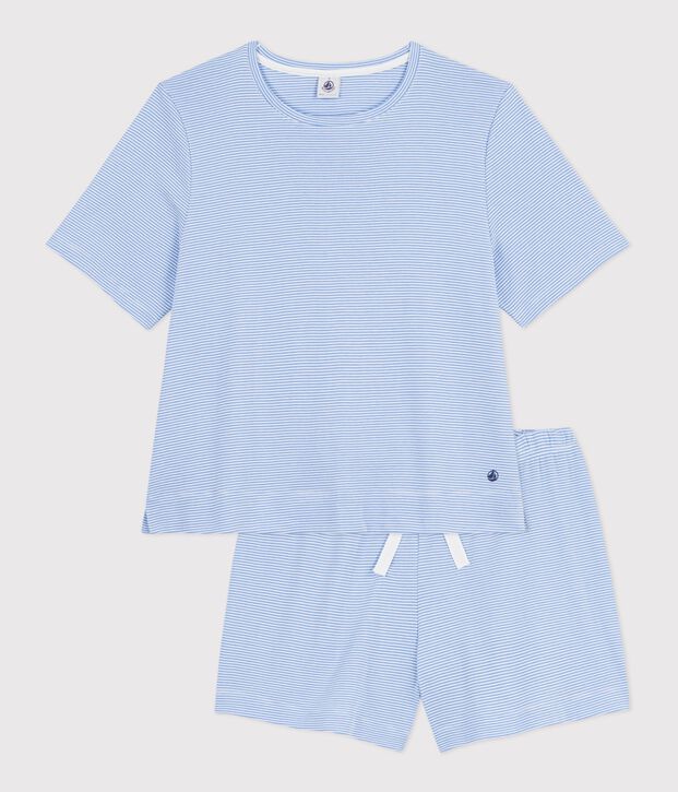 Pyjama short femme en coton &agrave; rayures bleu/blanc