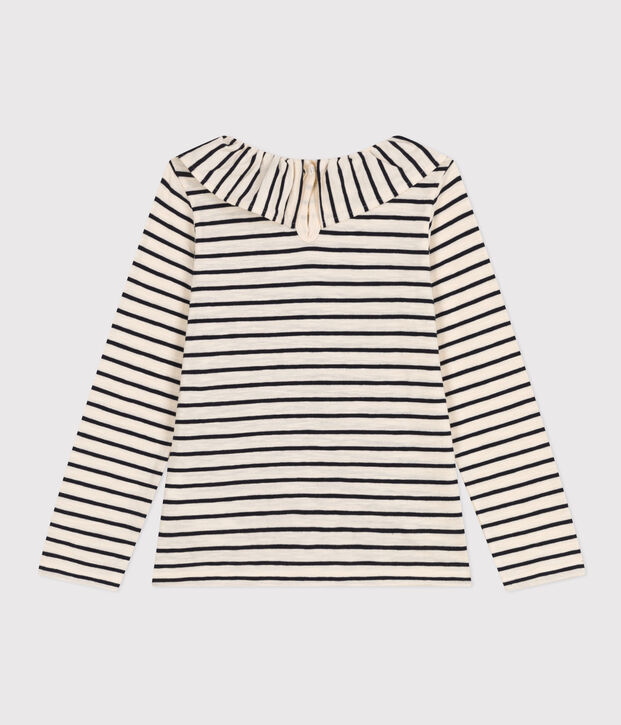 Tee-shirt manches longues en jersey flamm&eacute; enfant fille &eacute;cru/bleu