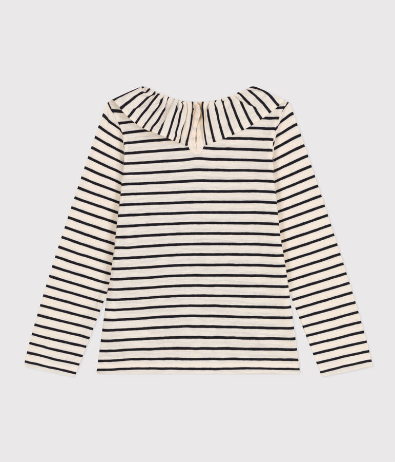 Tee-shirt manches longues en jersey flamm&eacute; enfant fille blanc AVALANCHE/bleu SMOKING