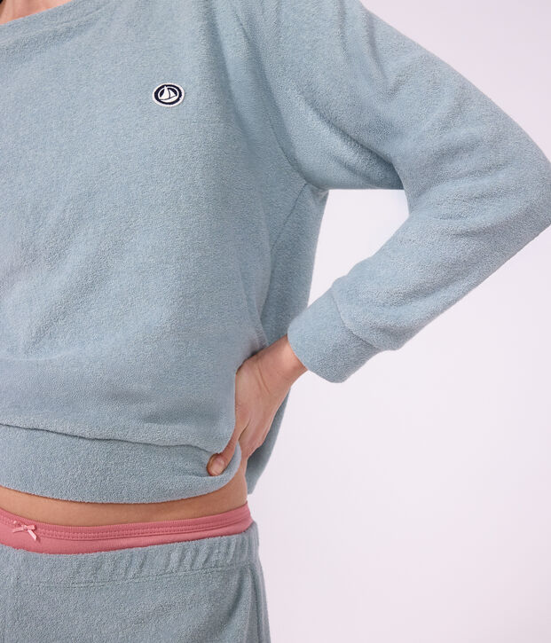 Pyjama femme en coton &eacute;ponge uni vert gris