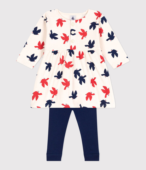 Robe b&eacute;b&eacute; en coton manches longues et legging, imprim&eacute;e oiseaux &eacute;cru/multicouleur