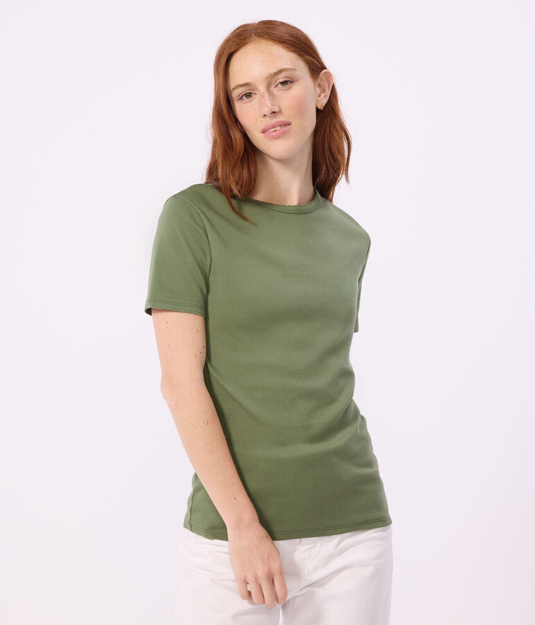 Tee-shirt femme en coton manches courtes uni vert OLIVINE