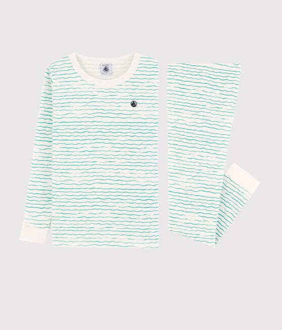 Pyjama snugfit imprimé vagues vertes petit garçon en coton blanc MARSHMALLOW/ VERT