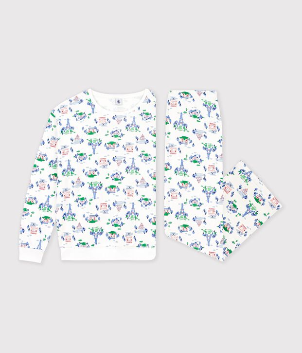 Pyjama femme en coton imprim&eacute; Paris blanc/multicouleur