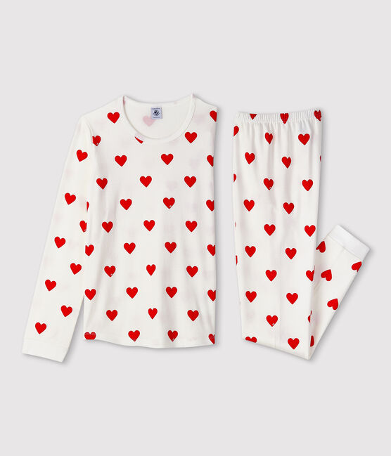 Pyjama enfant imprimé cœurs en côte blanc MARSHMALLOW/rouge TERKUIT