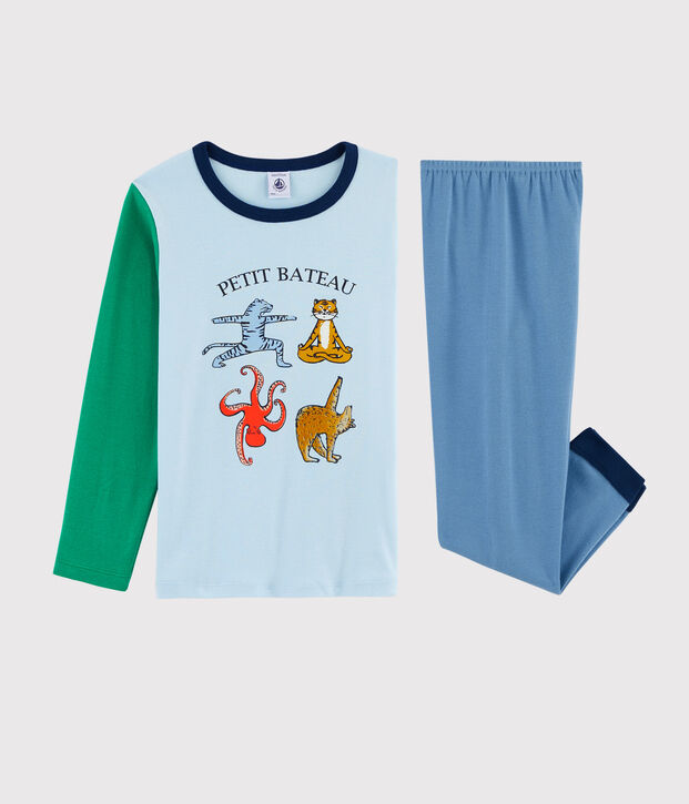 Pyjama animaux yoga petit gar&ccedil;on en c&ocirc;te bleu/multicouleur