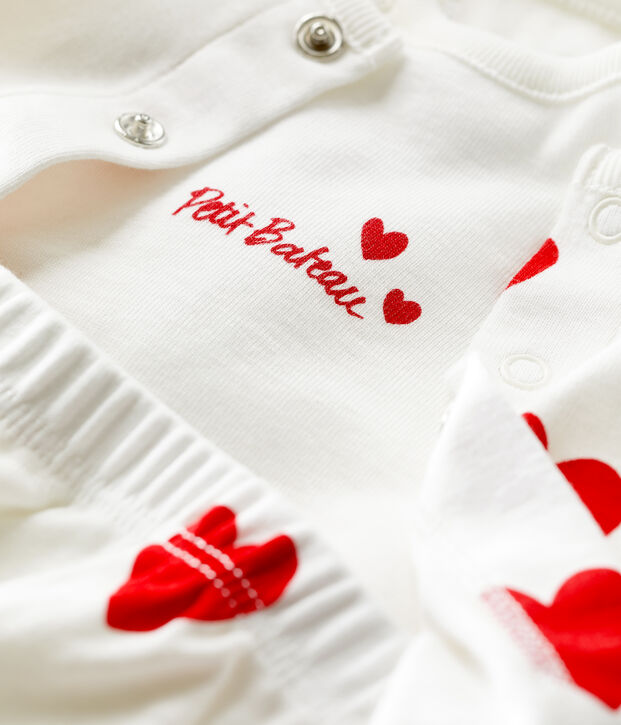 Ensemble 3 pi&egrave;ces imprim&eacute; c&oelig;ur en coton bio b&eacute;b&eacute; blanc/rouge