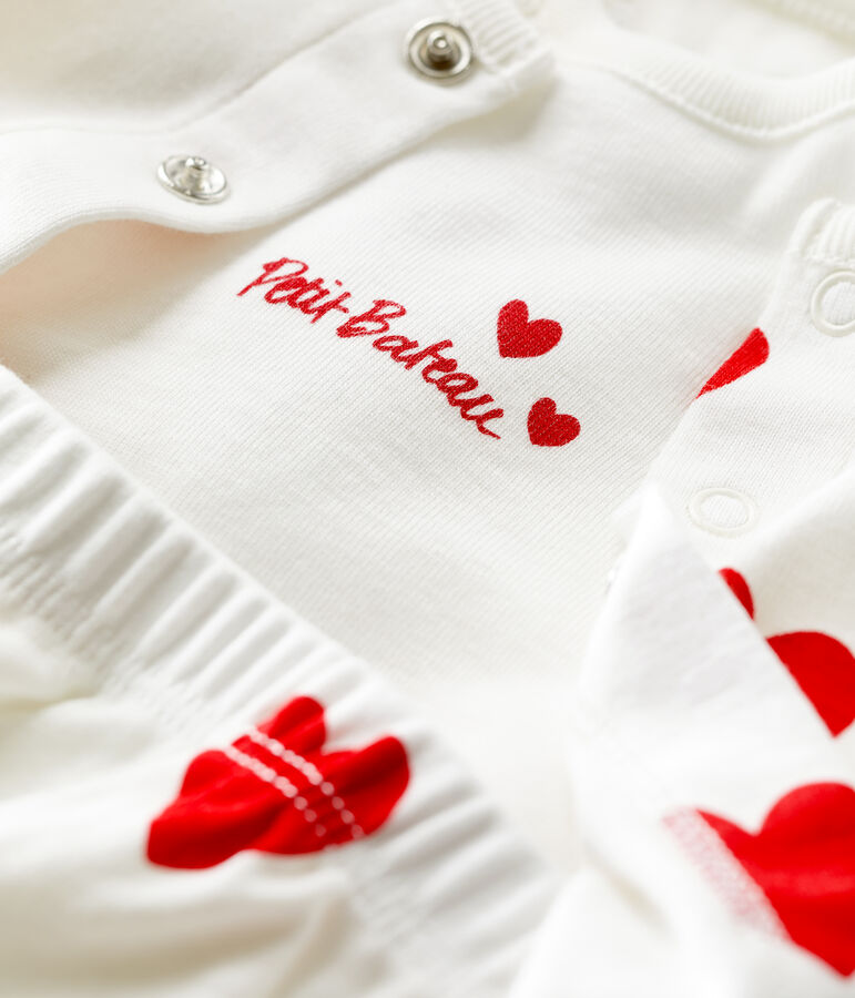 Ensemble 3 pi&egrave;ces imprim&eacute; c&oelig;ur en coton bio b&eacute;b&eacute; blanc MARSHMALLOW/rouge TERKUIT