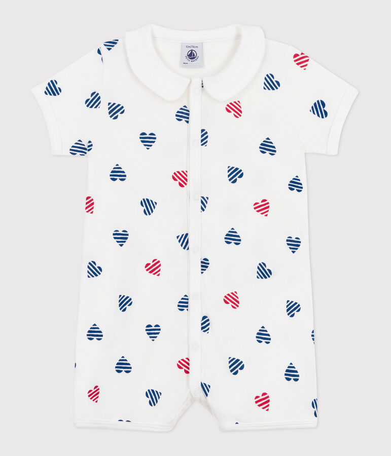 Combinaison courte b&eacute;b&eacute; en coton avec col c&oelig;urs ray&eacute; blanc MARSHMALLOW/blanc MULTICO