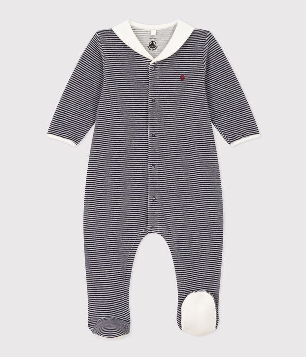 Pyjama b&eacute;b&eacute; milleraie en velours bleu/blanc