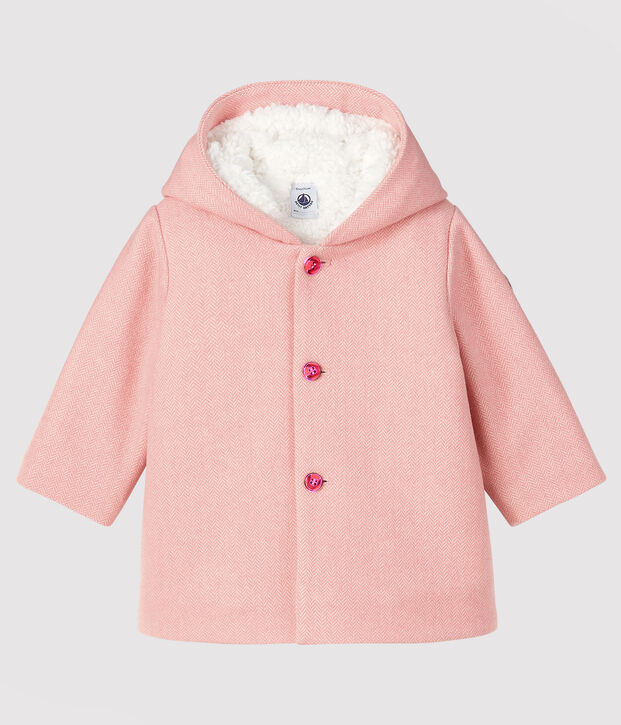 Manteau b&eacute;b&eacute; fille en drap de laine rose/blanc