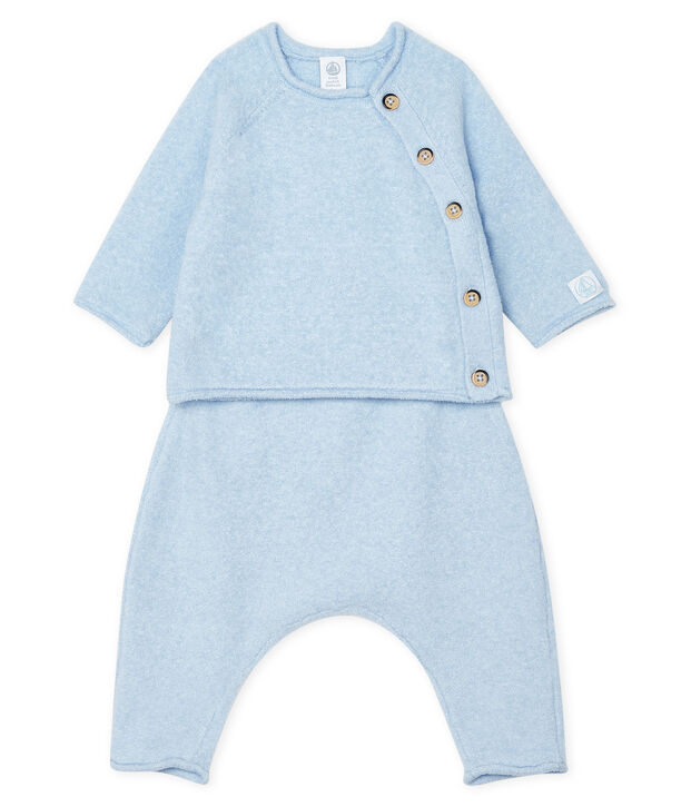 Ensemble deux pi&egrave;ces b&eacute;b&eacute; en coton, laine m&eacute;rinos et polyester bleu clair