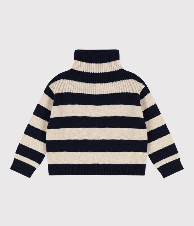 Pull en tricot de laine et coton enfant gar&ccedil;on bleu/&eacute;cru