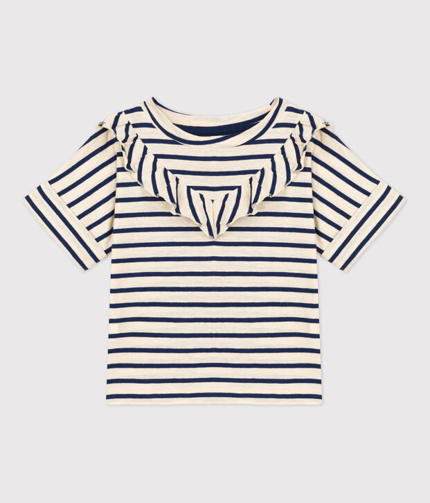 Tee-shirt manches courtes en coton enfant fille &eacute;cru/bleu