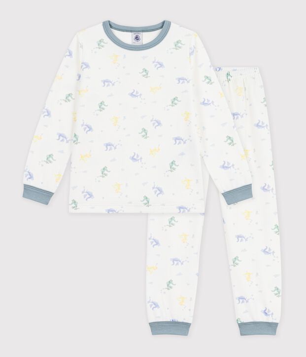 Pyjama enfant en velours imprim&eacute; blanc/bleu/multicouleur