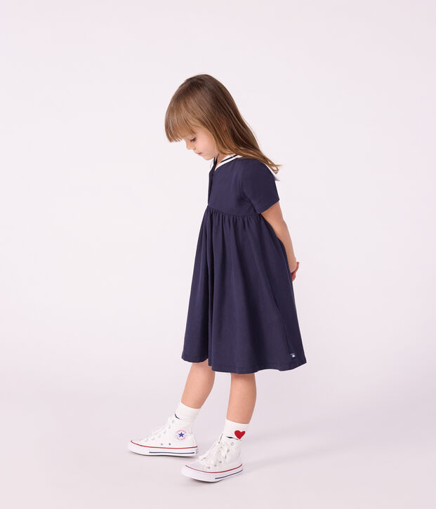 Robe enfant en coton manches courtes unie bleu marine