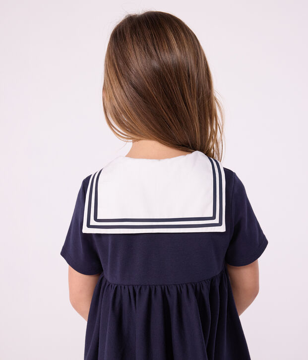 Robe enfant en coton manches courtes unie bleu marine
