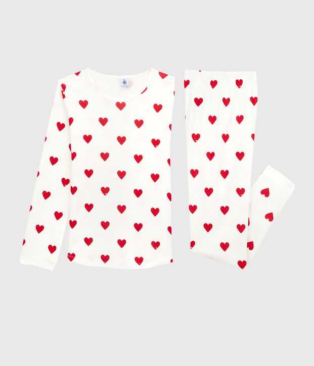 Pyjama fille imprim&eacute; c&oelig;urs en c&ocirc;te blanc/rouge