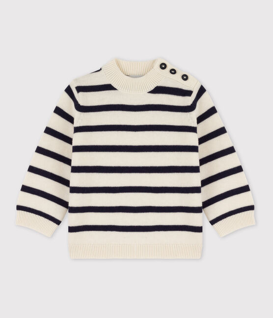Pull bébé en laine et coton rayé marinière blanc MARSHMALLOW/bleu SMOKING