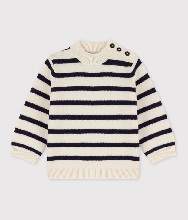 Pull b&eacute;b&eacute; en laine et coton ray&eacute; marini&egrave;re blanc/bleu