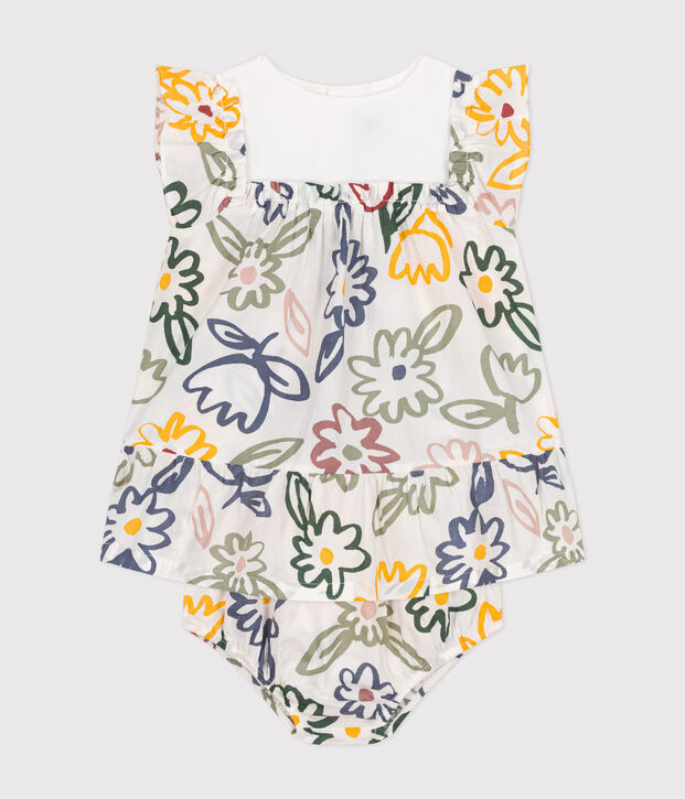 Robe manches courtes avec bloomer en popeline b&eacute;b&eacute; blanc/multicouleur