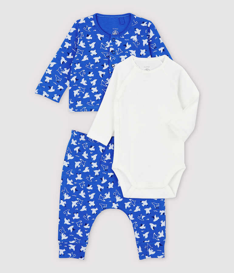 Ensemble 3 pi&egrave;ces bleu b&eacute;b&eacute; en coton biologique bleu COOL/&eacute;cru MULTICO