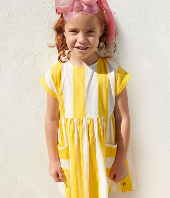 Robe enfant en coton manches courtes à rayures blanc MARSHMALLOW/ ORGE