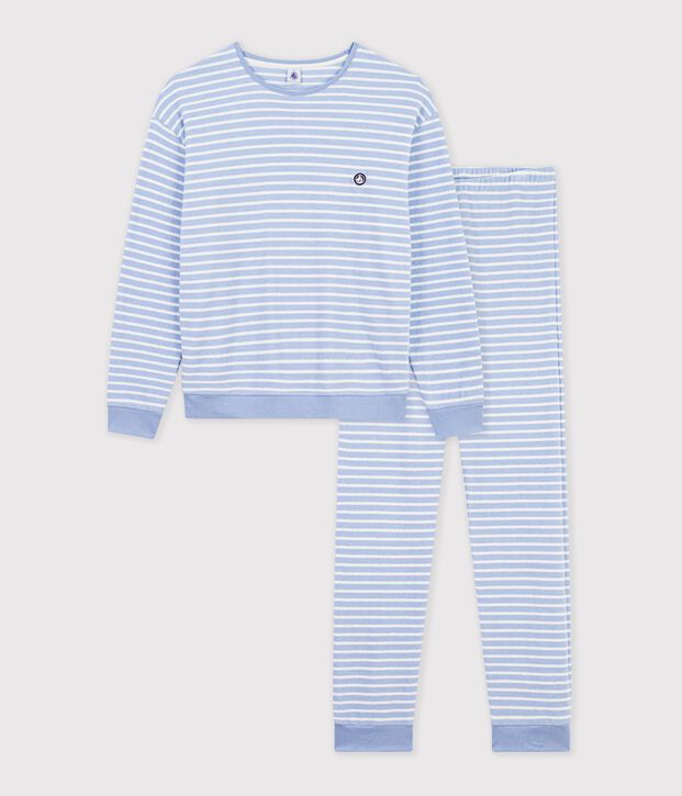 Pyjama femme en coton &eacute;ponge &agrave; rayures bleu/&eacute;cru