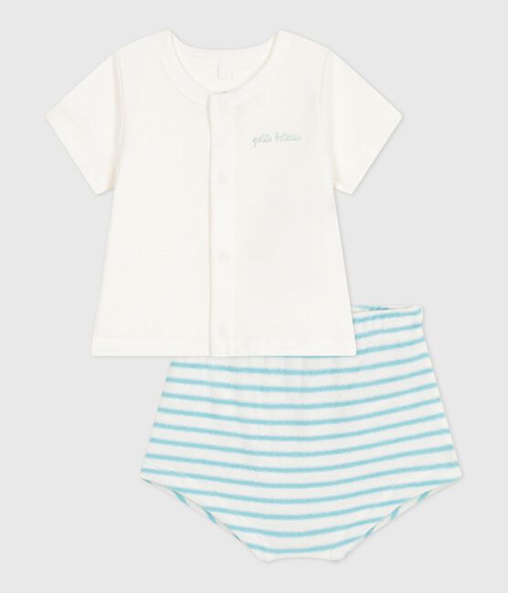 Ensemble naissance deux pièces en coton avec bas rayé bleu MARSHMALLOW/ AQUATIC