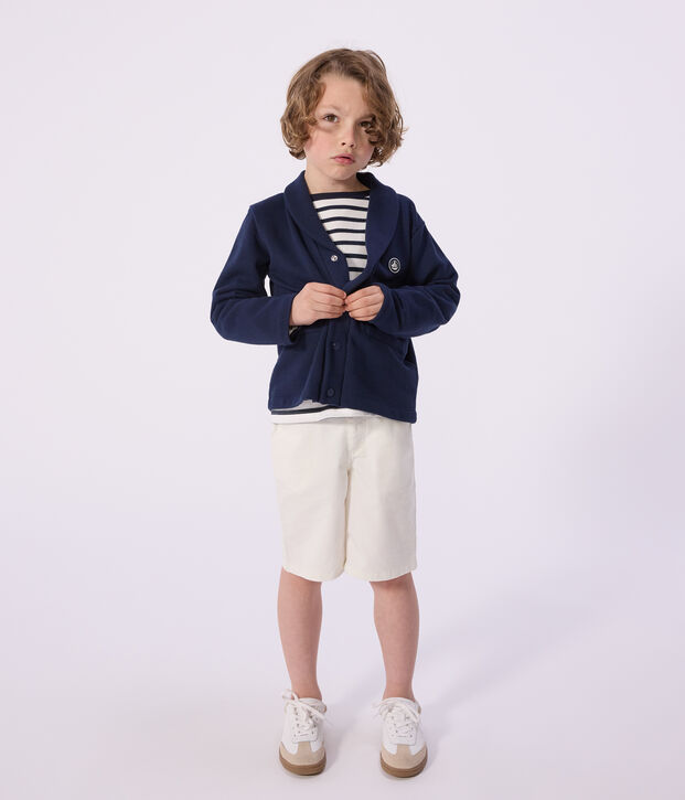 Cardigan enfant en coton uni &agrave; col tailleur bleu marine
