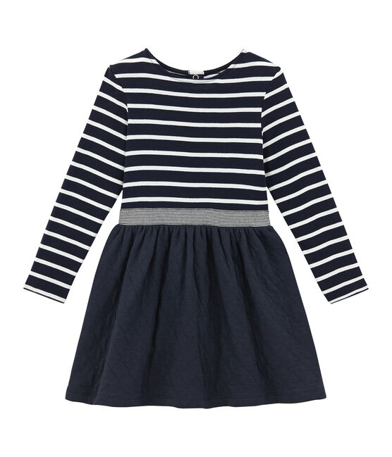 Robe enfant fille bi-matière rayée bleu SMOKING/blanc MARSHMALLOW