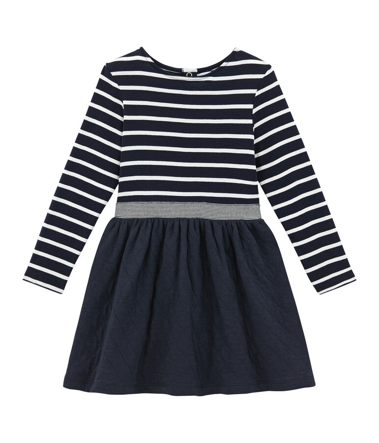 Robe enfant fille bi-mati&egrave;re ray&eacute;e bleu/blanc