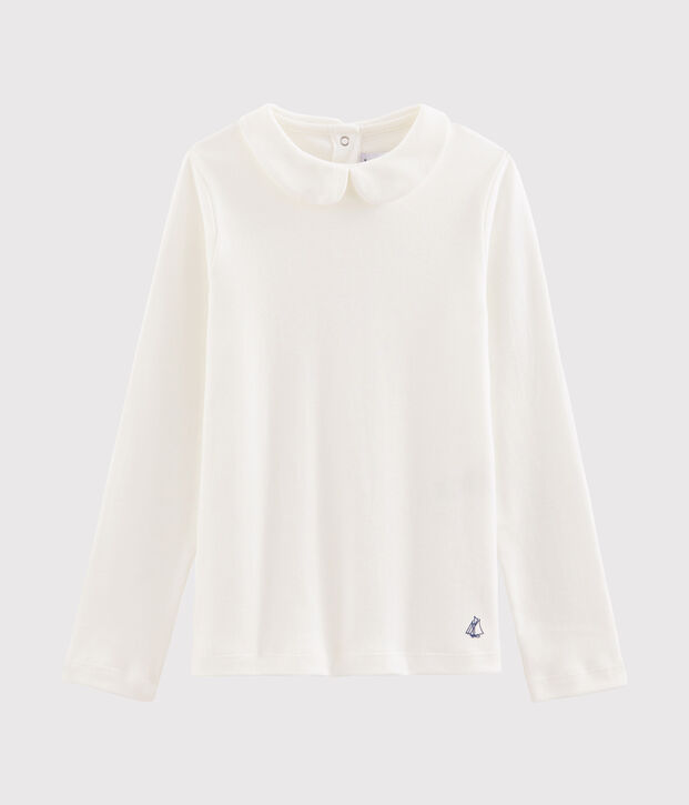T-shirt fille &agrave; col claudine blanc