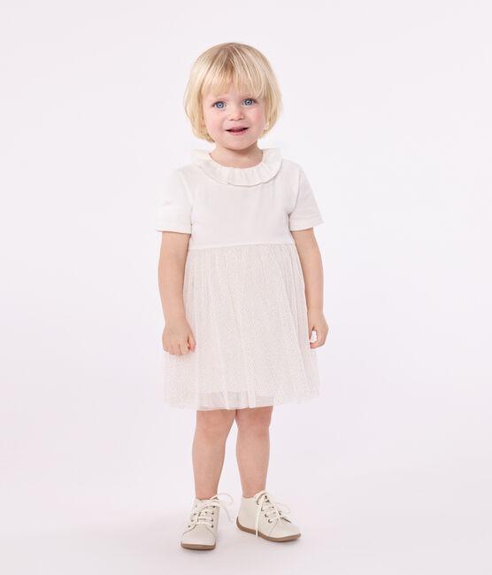 Robe bébé en coton et tulle manches courtes et colerette blanc MARSHMALLOW/rose COPPER