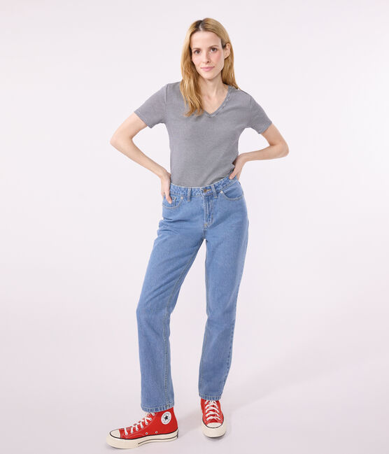 Tee-shirt l'Iconique col V en coton rayé femme bleu SMOKING/blanc MARSHMALLOW