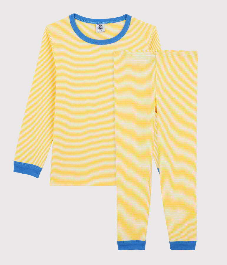 Pyjama ray&eacute; milleraies en coton enfant jaune ORGE/blanc MARSHMALLOW