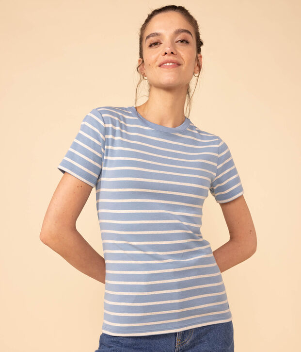 Tee-shirt L'ICONIQUE col rond en coton Femme bleu/beige
