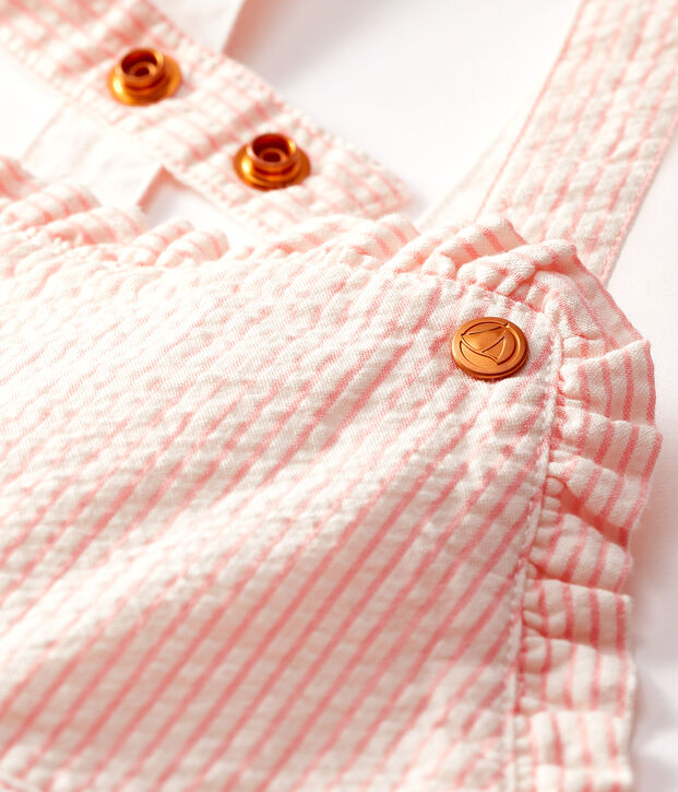 Salopette courte b&eacute;b&eacute; fille ray&eacute;e rose/blanc