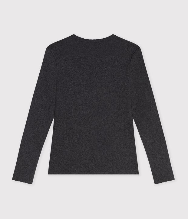 Tee-shirt femme finitions point cocotte en coton manches longues gris