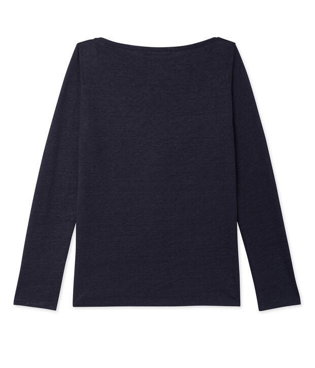 T-shirt femme manches longues en lin laqu&eacute; bleu/bleu