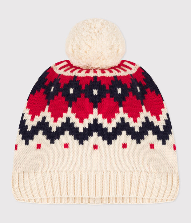 Bonnet jacquard en laine enfant gar&ccedil;on-fille &eacute;cru/multicouleur