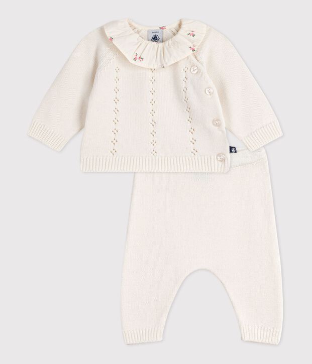 Ensemble 2 pi&egrave;ces b&eacute;b&eacute; en laine et coton avec collerette fleurie blanc