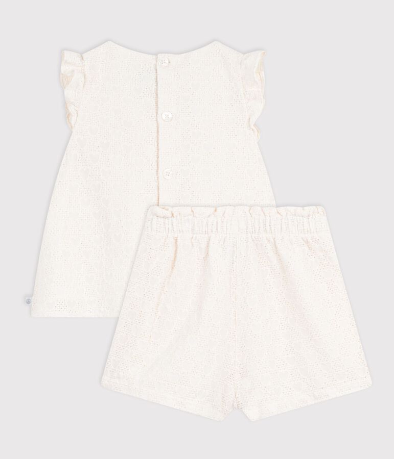 Ensemble b&eacute;b&eacute; 2 pi&egrave;ces en broderie anglaise, motif c&oelig;urs blanc