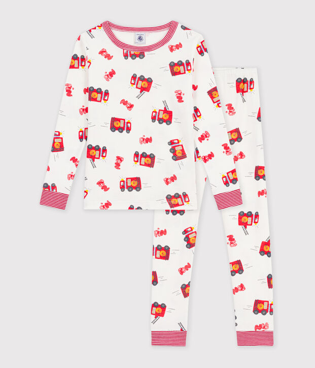 Pyjama tr&egrave;s ajust&eacute; enfant en coton imprim&eacute; pompier blanc/multicouleur