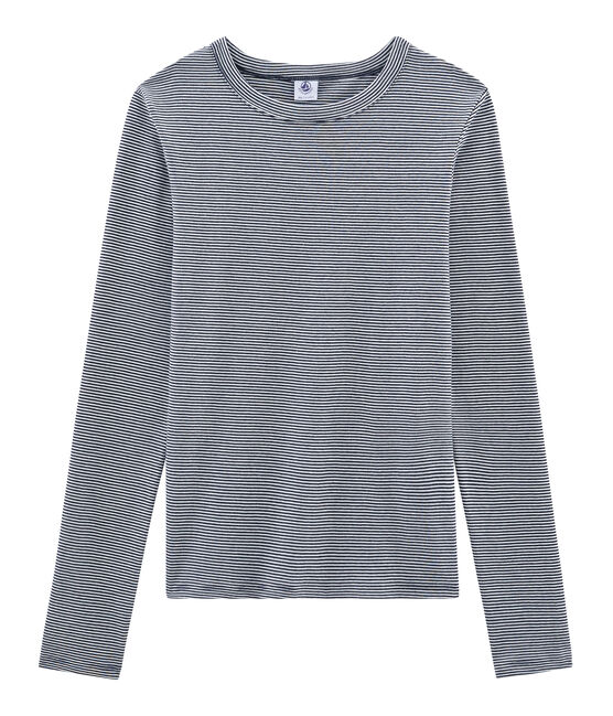 Tee shirt manches longues iconique femme bleu SMOKING/blanc MARSHMALLOW