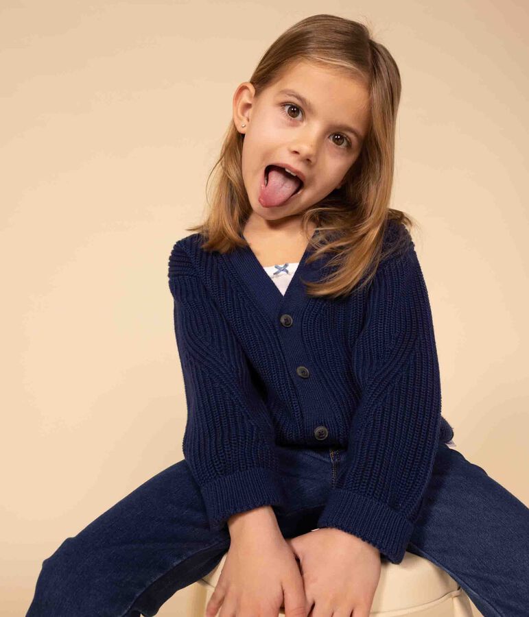 Cardigan en c&ocirc;te anglaises en coton enfant fille bleu INCOGNITO