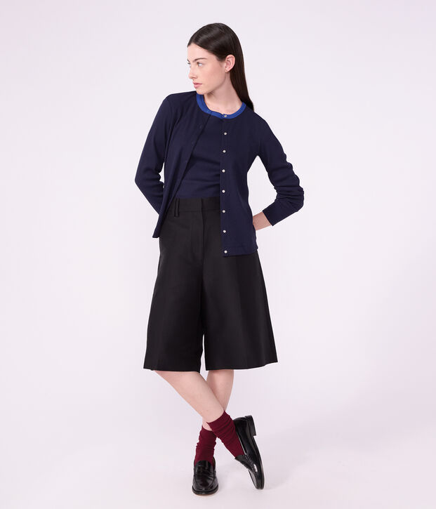 Cardigan femme en coton uni bleu marine